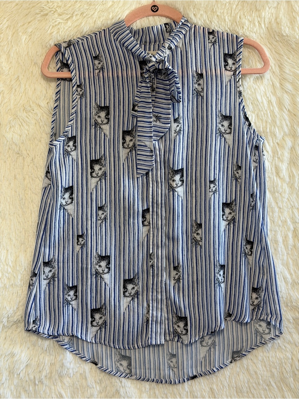 La Vie Lente Womens Striped Cat Print Sleeveless Blouse Size S Catcore Teacher